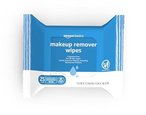 Amazon Basics Makeup Remover Wipes, Fragrance-Free, Alcohol-Free, Gentle Cleansing, Plant-Based, Dermatologist Tested, Removes Waterproof Mascara, Resealable, 25 Count, 1-Pack