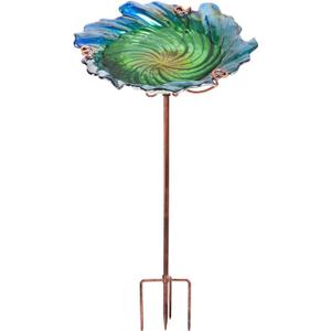 Glass Bird Bath Outdoor Birdbaths Garden Birdfeeder with Metal Stake Green(Height:26inch)