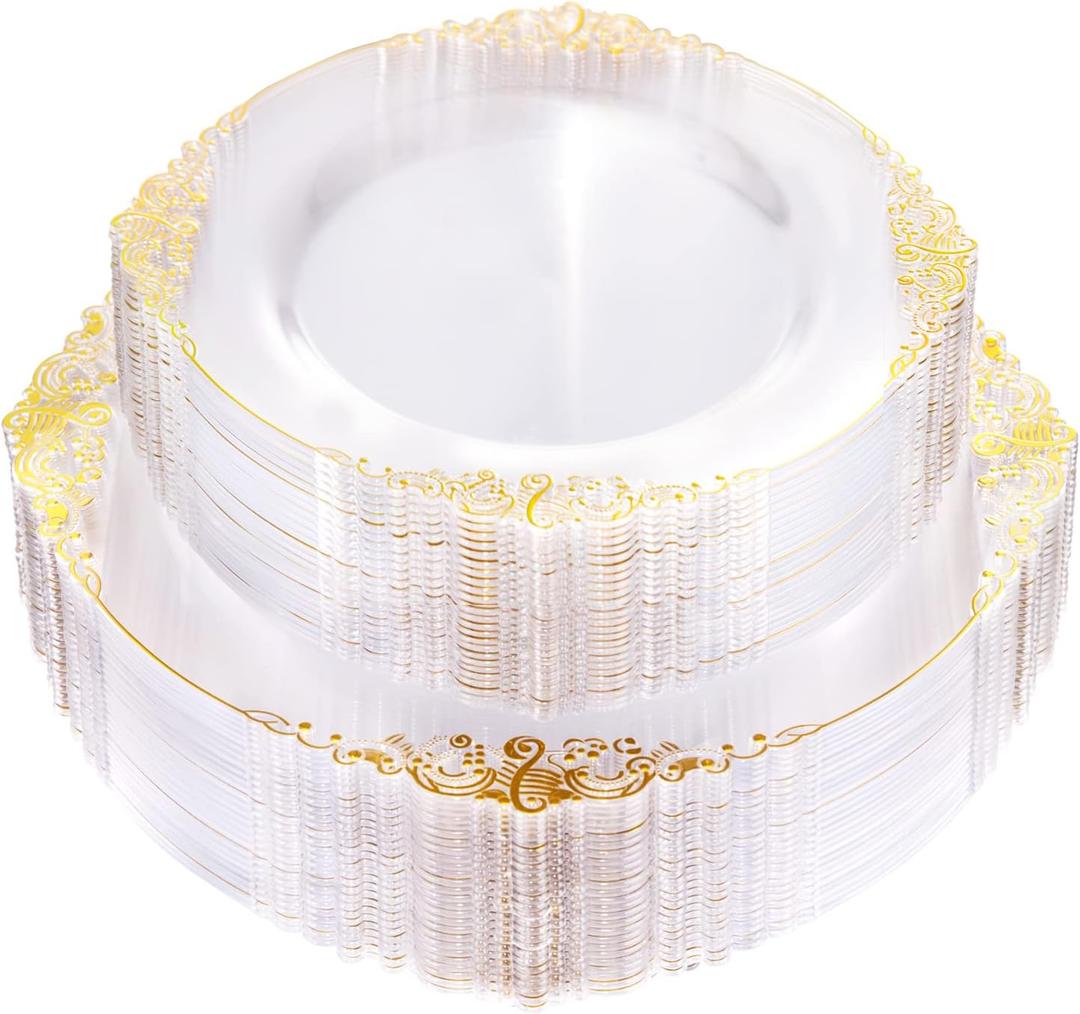 Nervure Clear & Gold 100PCS Heavyweight Disposable Plates - 50PCS 10.25" Dinner & 50PCS 7.5" Dessert for Christmas & Party