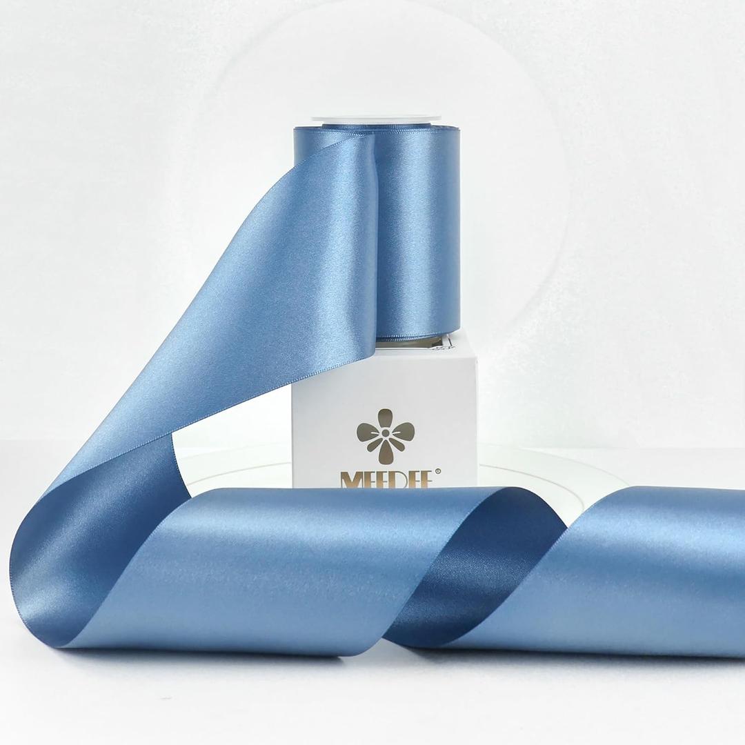 MEEDEE Smoke Blue Satin Ribbon Lux Double Faced Satin 3 Inch Dusty Blue for Crafts, Christmas Tree, Flower Bouquet, Weddings, Bow Making