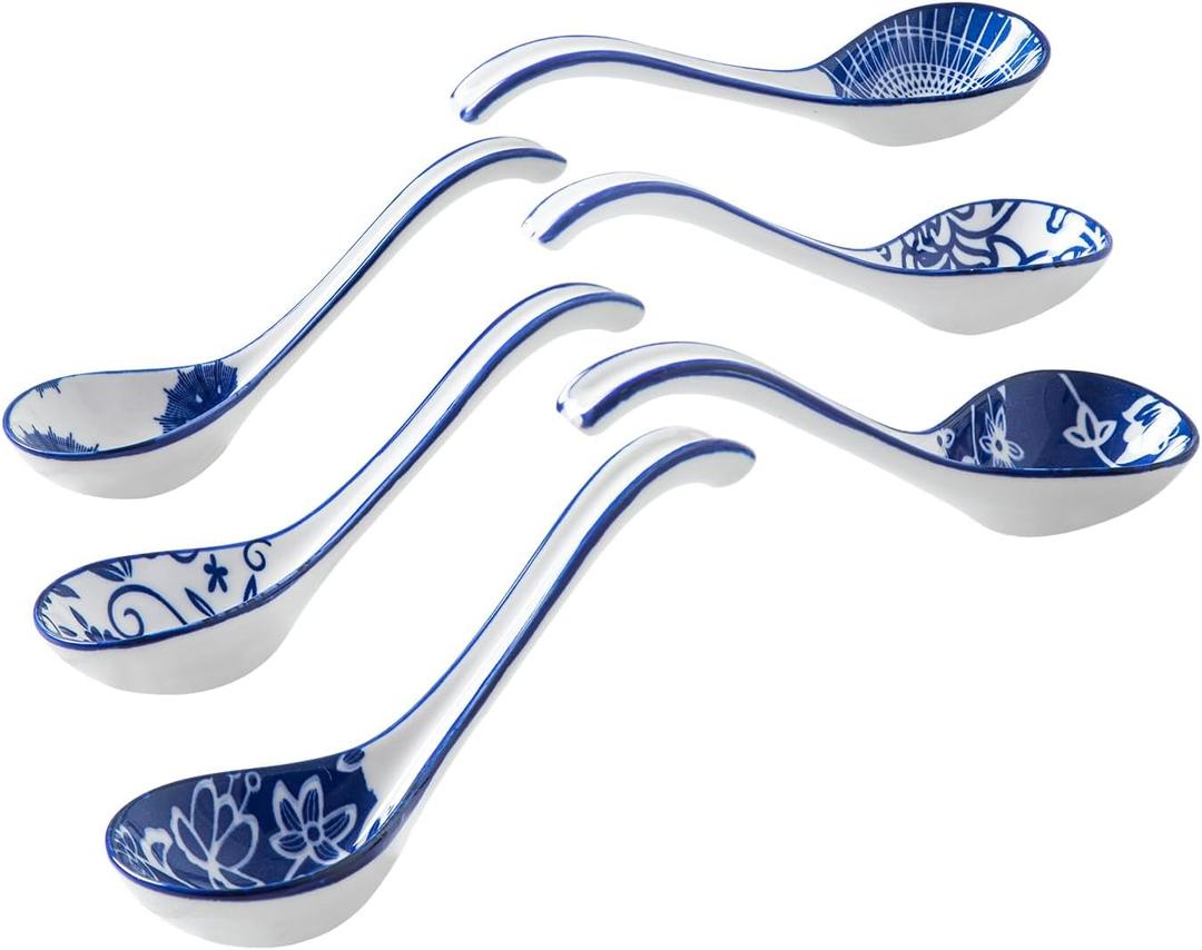 Ceramic Asian Soup Spoon - 6.3 Inch Japanese Ramen Spoons Chinese Soup Spoons for Pho Wonton Miso Dumplings Cereal Stews Noodles - Vintage Blue
