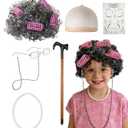 Old Lady Wig Costume Set, 100 Days of School Costume Grey Grandma Wig, Granny Accessories Glasses, Cap, Cane, Wrinkle Fake Tattoo for Halloween, Anime Cosplay, Party(Curly+Rollers) (#3 Dark Gray)