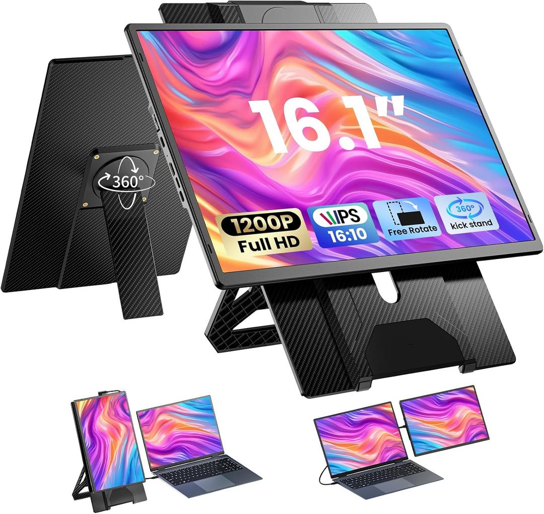 Laptop Screen Extender 16.1", 1200P FHD, Portable Monitor 360 Rotating Detachable Stand, Height Adjustable Monitor Extender for Laptop 13-17.5", Plug-Play for Tablet, PC, Phone, etc