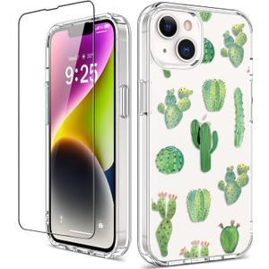 GiiKa for iPhone 14 Plus Case with Screen Protector, 6.7" Clear Full Body Shockproof Protective Floral Girls Women Hard Case with TPU Bumper Cover Phone Case for iPhone 14 Plus, Green Cactus