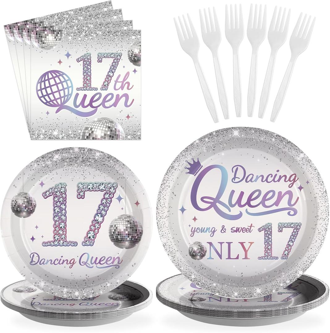 Grencian 96 Pcs Dancing Queen 17th Birthday Party Supplies Dancing Queen 17th Paper Plates and Napkins Disposable Silver Disco Party Tableware Set for Girls 17 Year Old Birthday Decorations Serves 24
