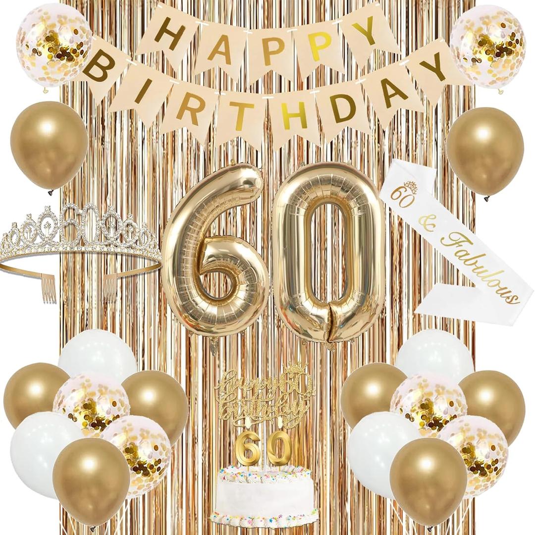 Trgowaul 60th Birthday Decorations for Women, Banner, Sash and Crown, Cake Topper, 60 Number Balloon, Fringe Curtains, Champagne Gold 60th Birthday Party Supplies
