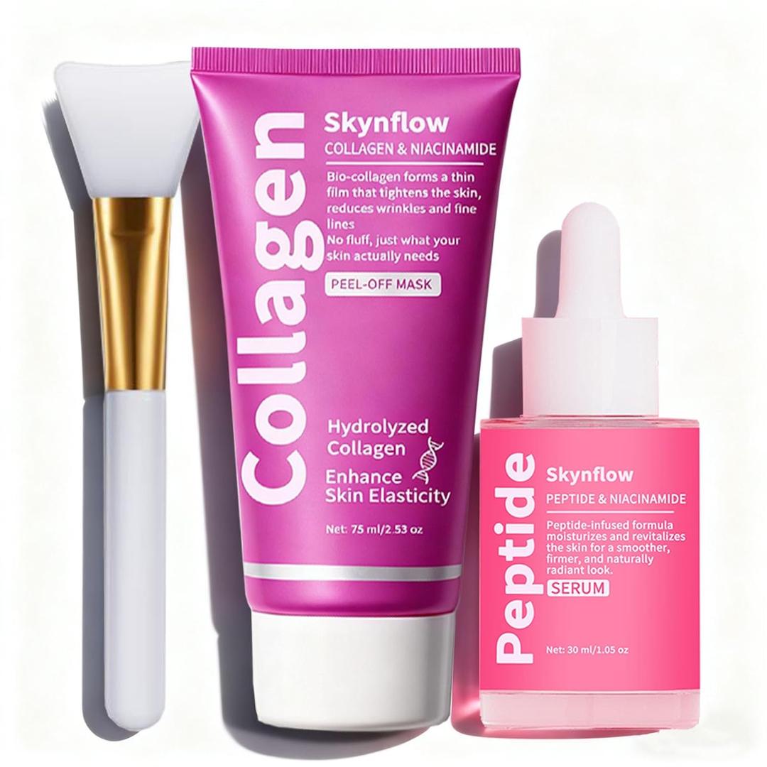 Collagen Face Mask and Peptides & PDRN Serum, Overnight Wrapping Peel Off Mask with Hydrolyzed Collagen & Niacinamide for Elasticity & Hydration Care, Reduces Sagging & Dullness (Set)