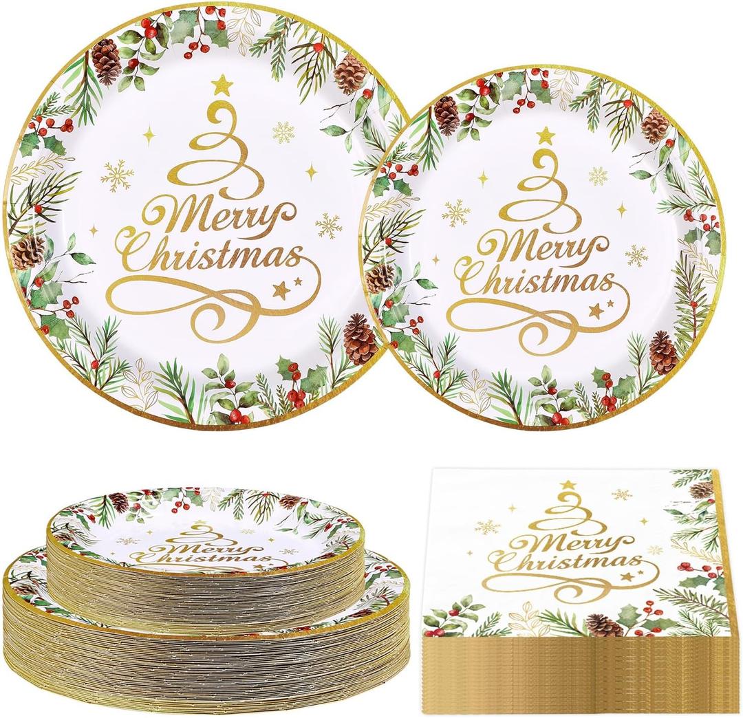 Greencian 200Pcs Merry Christmas Party Decorations Gold Christmas Tree Plates and Napkins Winter Xmas Plant Tableware Sets for Winter Holiday Picnic Birthday Dinner Party Supplies Serves 50