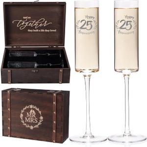 Physkoa Happy 25th Anniversary Champagne Flutes Set Personalized Silver Wedding Anniversary Toasting Glasses 2 Hand-Blown Crystal Flutes with Keepsake Box Anniversary Present for Couple