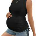 SHENHE Women's Maternity Tank Top Summer Crew Neck Ruched Drawstring Sleeveless Pregnancy Shirt (Black), S