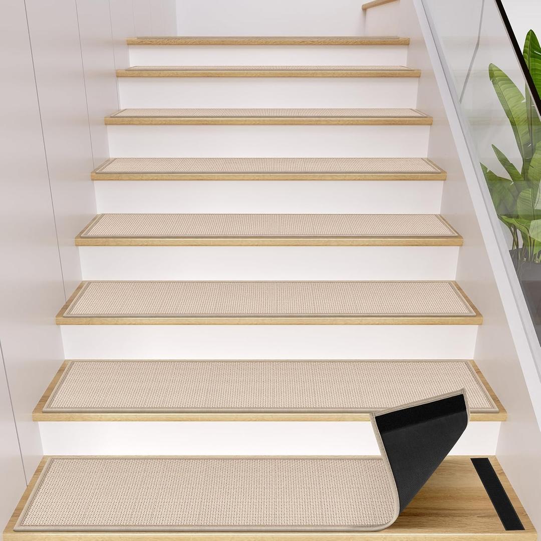 Peel and Stick Stair Carpet Treads for Wooden Steps, 15 Pack Indoor Beige Stair Mats, Basement Safety Stick On Stair Rug Step Pads for Pet Dog, Elders and Kids (Stair Tread Set (15 pieces, 8" x 30"))