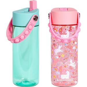 Elemental Leak Proof Water Bottles for Kids - Splash Kids Water Bottle for School with Fun Pop-it Handle - Tritan Plastic Water Bottle with Straw - Pink Unicorn & Robins Egg - 18oz (2 Pack)