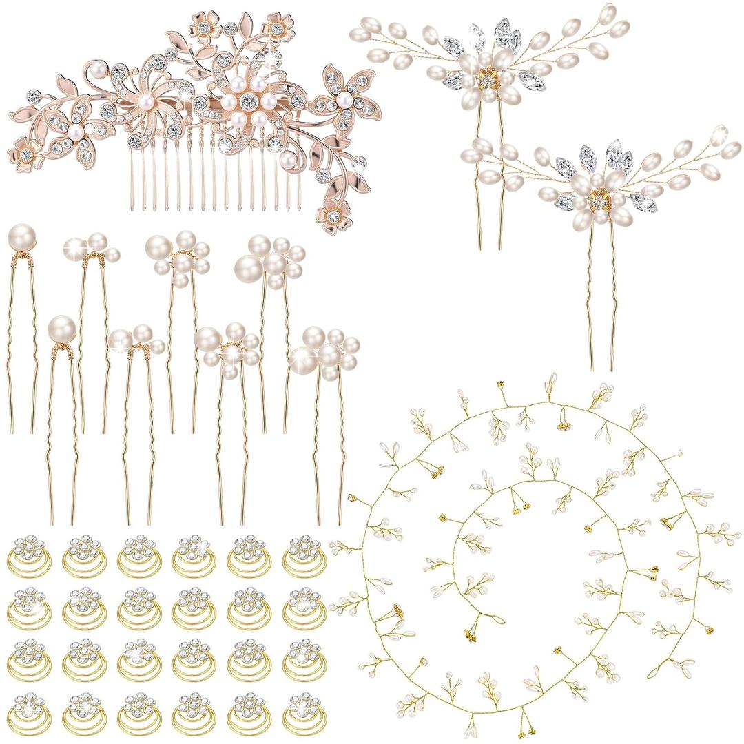 Juexica 48 Pack Wedding Hair Comb Bride Pearl Accessories U-shaped Flower Rhinestone Hair Clips Prom Jewelry for Brides Party Holiday (Gold)
