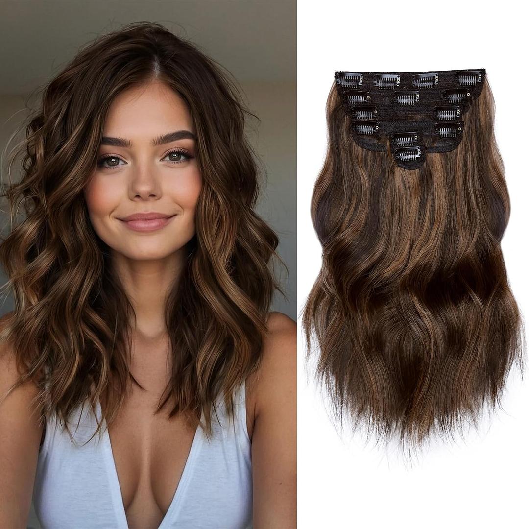 NAYOO Clip in Hair Extensions for Women 14 Inch Short Wavy Curly Dark Brown Mix Chestnut Hairpieces Full Head Synthetic Hair Hairpieces (6PCS, Dark Brown Mix Chestnut)