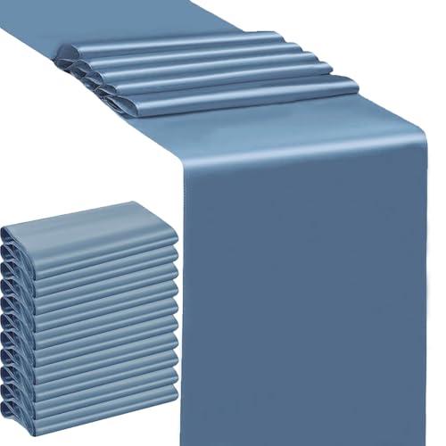Satin Dusty Blue Table Runners 25 Pack - SINSSOWL 12 X 108 Inches Wedding Satin Table Runner for Party Banquet Bridal Shower Baby Shower Conference Dining Room Table Decoration - Dusty Blue