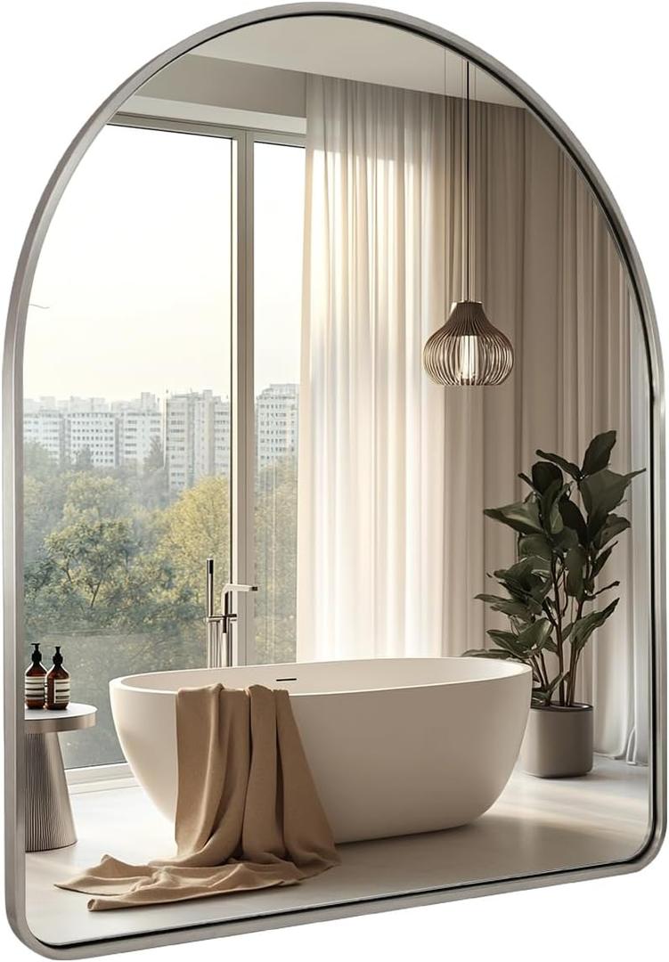 Arched Wall Mirror, 24x30 Brushed Nickel Bathroom Mirror, Arch Bathroom Mirror SUS304 Stainless Steel Frame 1 Deep Set Wall Mounted Vertical for Bathroom Remodel,Over Sinks, Home Decor