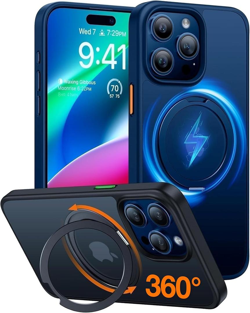 TORRAS Upgraded 360 Rotatable Magnetic Ring for iPhone 15 Pro Max Case, Fit for MagSafe with Stand Ring Holder, 16FT Mil-Grade Shockproof Translucent for iPhone 15 Pro Max Phone Case Ostand, Blue