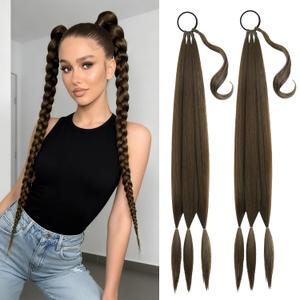 2PCS Long Braid Ponytail Extension with Hair Tie DIY Wrap Around Synthetic Hairpiece Natural Soft Fluffy Style for Women's Daily Wear