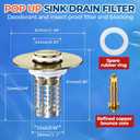 Bathroom Sink Drain Strainer(2PCS), Stainless Steel Pop-up Strainer Basket Hair Catcher with Removable Basket, Brass Bullet Core, Universal Fit 1.1-2.36 Inch Brushed Gold