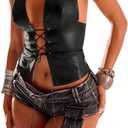 Women's PU Leather Halter Tank Top Lace Up Front Crop Top Sleeveless Y2K Backless Top (Large, Multi Black)