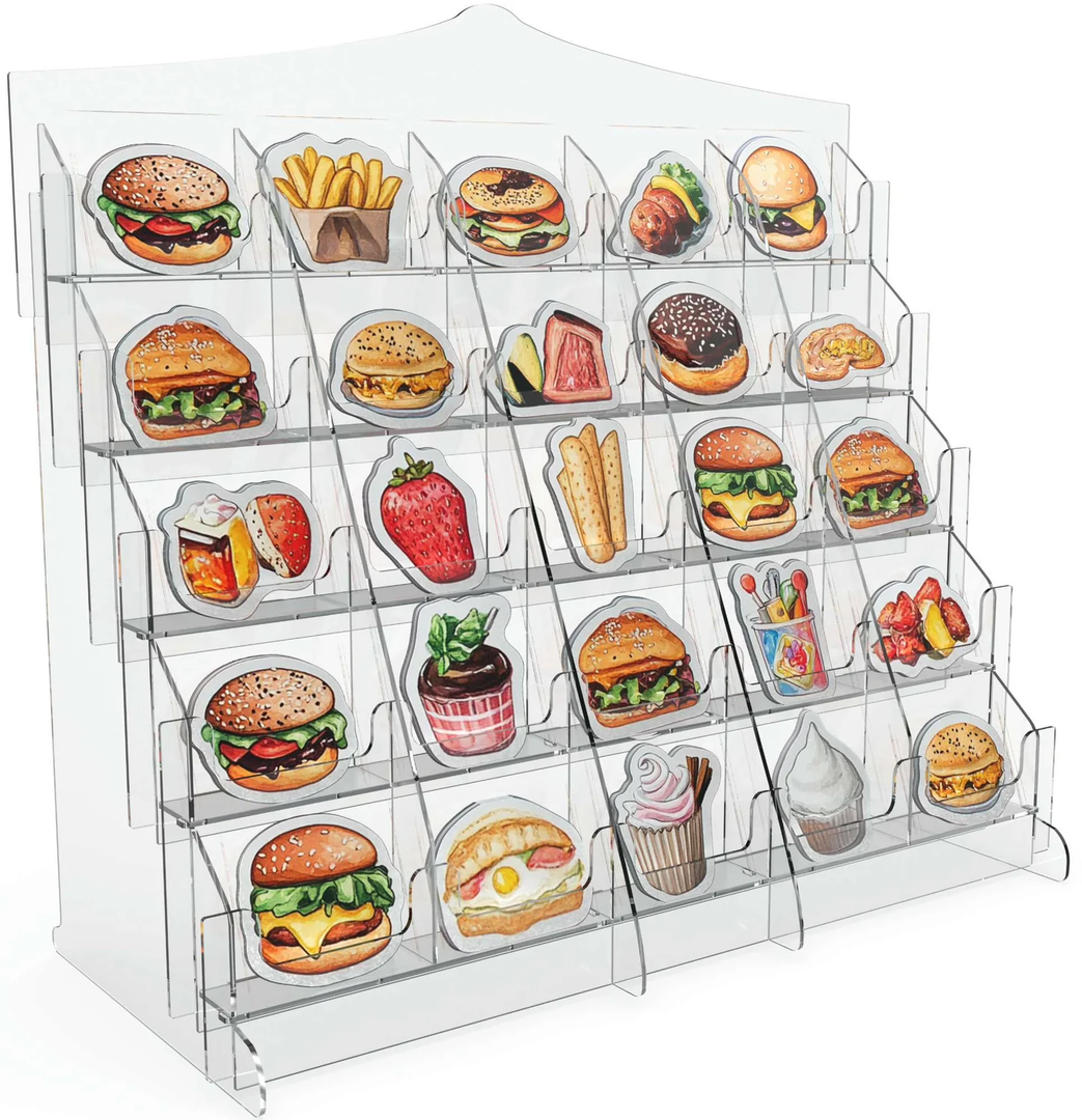 Sticker Display Stand with Curved Pockets for Big 4'' Stickers- Brochure Holder with Customizable Space - On the Go Display Stands for Vendor Events - Ideal for Small Business Vendors (Clear, Large)