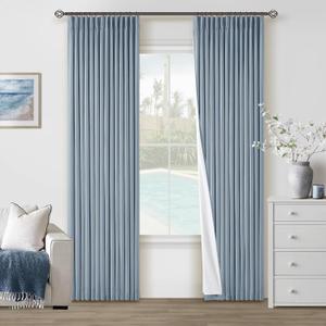 Dusty Blue Pinch Pleated 100% Blackout Linen Curtains for Bedroom 84 Inch Length Room Darkening with Liner Light Blue Window Curtains 84 Inches Long for Living Room Black Out Pleat Drapes Back Tab