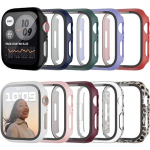10 Pack Hard Case for Apple Watch Series 8 Series 7 41mm with Built-in Tempered Glass Screen Protector,JZK Thin HD Hard PC Bumper Full Coverage Bubble-Free Cover for iWatch 8/7 41mm Accessories (Black/Clear/Pink/Blue/Green/White/Purple/Red/Leopard/Wine)