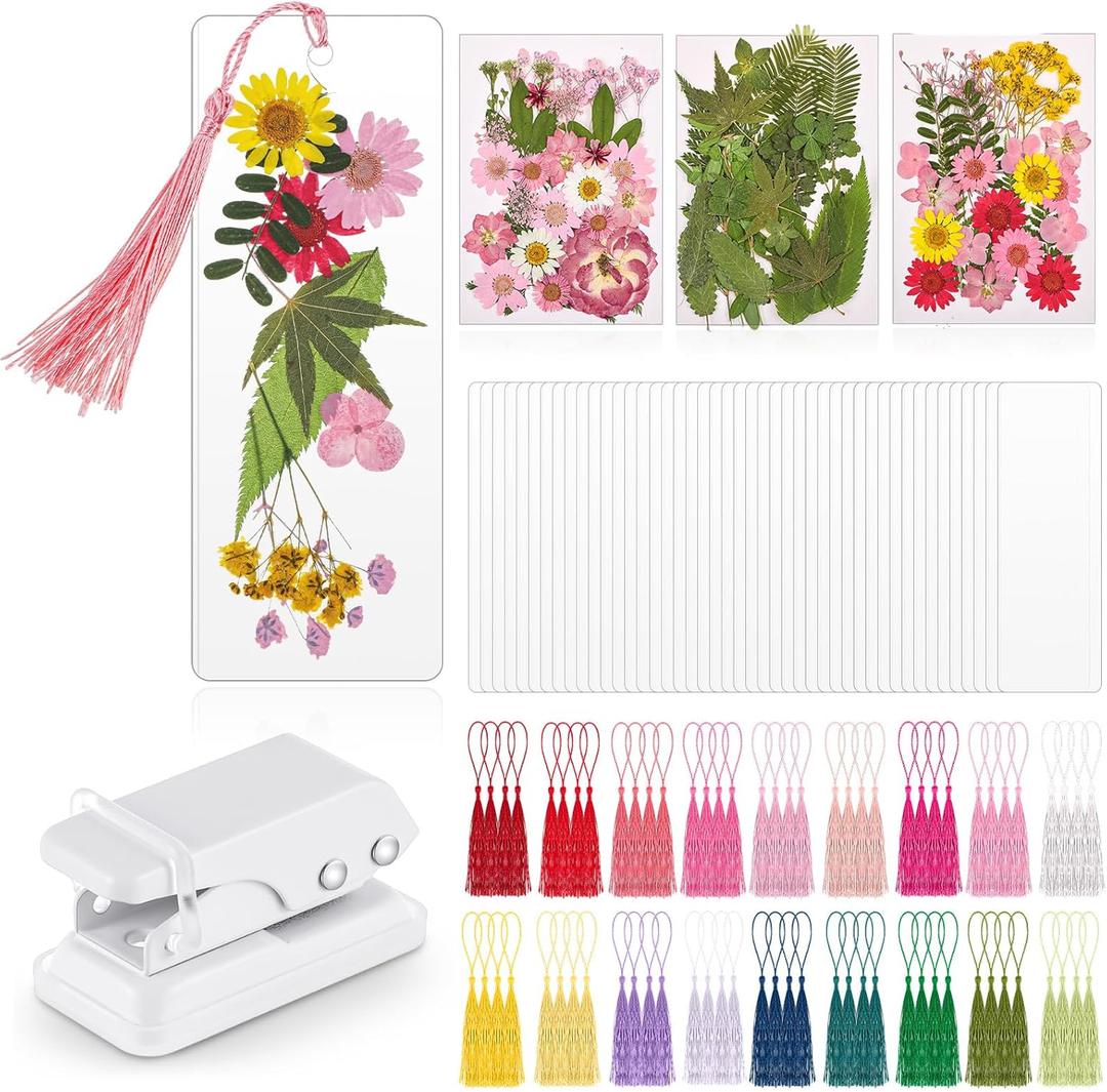 Fuyoooo 376 Pcs Dried Flower Bookmark Making Kit, DIY Bookmark Laminating Pouches with Tassels and Puncher DIY Project Gifts for Mother's Day Women Book Lovers (Pink,2 x 6 Inch)