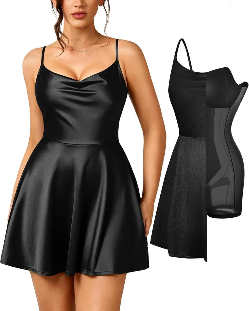 Popilush Mini Corset Dress with Built in Bra, A-line Black Dresses L