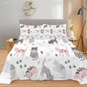 Kids Bedding Cartoon Cat Full Sheet Sets, Soft and Breathable Microfiber Cat Animal,1 Fitted Sheet 1 Flat Sheet and 2 Pillowcases