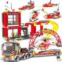 971 Pieces City Fire Station, Heavy Helicopter Cargo Transport Building Blocks Playset, Marine Fire Rescue Toy with Emergency Firefighter Patrol Ships & Helicopter, Gift for Kids Boys Girls 6-12