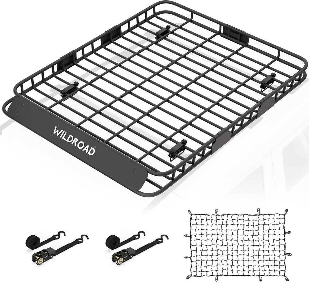 Wildroad Roof Rack Cargo Basket, Upgraded 4 Fence Wide Car Roof Basket, 64"x 50"x 4" Universal Car Top Carrier Basket with Super Duty Bungee Cargo Net and Ratchet Straps Fits for SUV Truck Cars