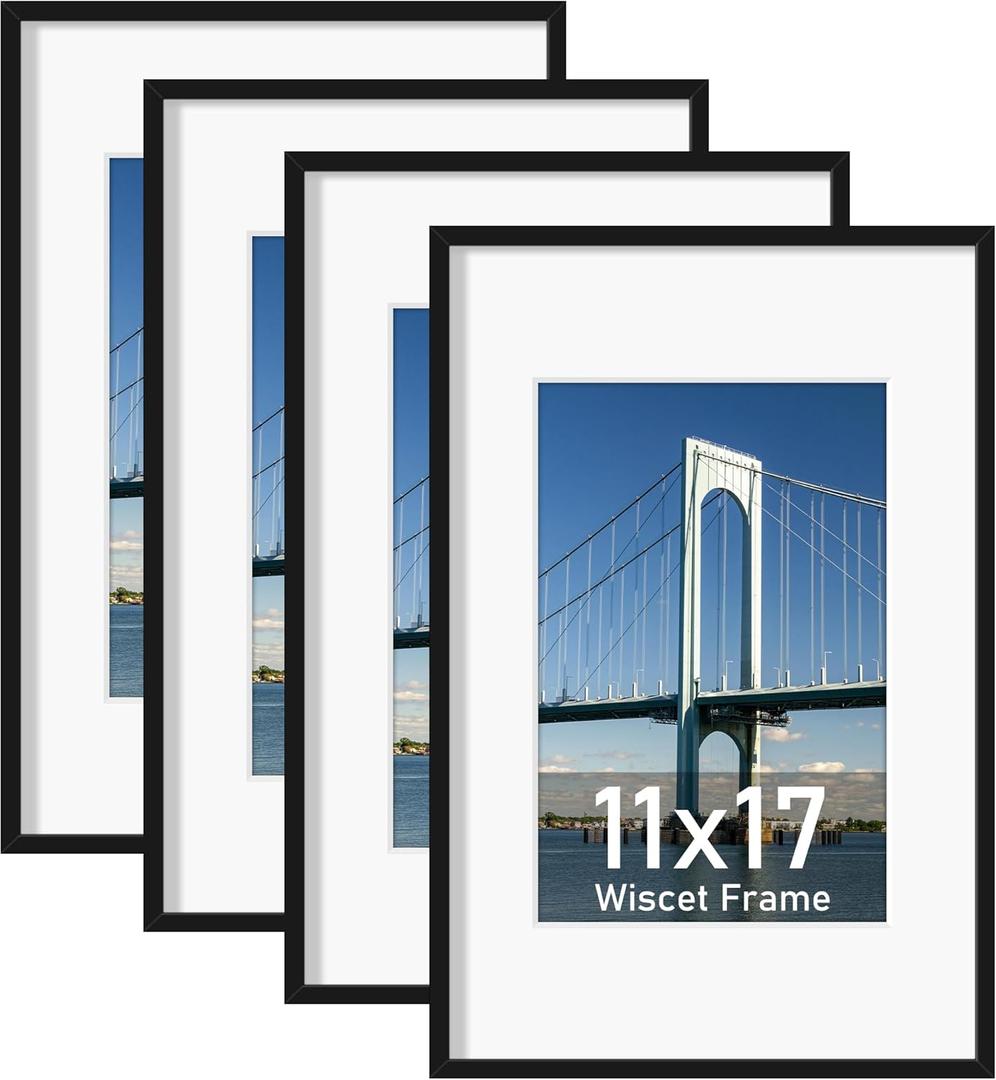 Wiscet 11x17 Picture Frame Set of 4, Display Picture 8x12 with Mat or 11x17 Poster Frame without Mat, Horizontal or Vertical Wall Mounting, Black