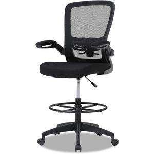 Drafting Chair Tall Office Chair Mid-Back Mesh Ergonomic Computer Chair High Adjustable Standing Desk Chair with Lumbar Support Adjustable Foot Ring and Flip-Up Arms (Black)