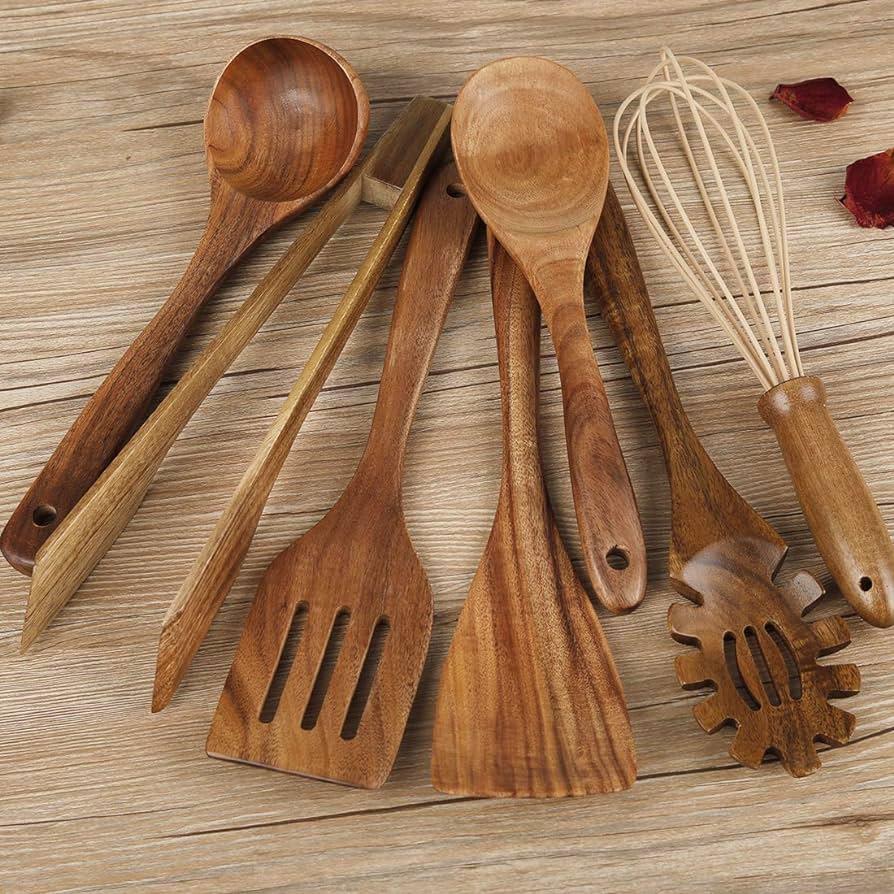 Wooden Utensil for Cooking, Wood Kitchen Utensils Cooking Set Teak Wood Spoons set for Cooking,Spatulas Non-Stick for Cookware Kitchen Spoon (7)
