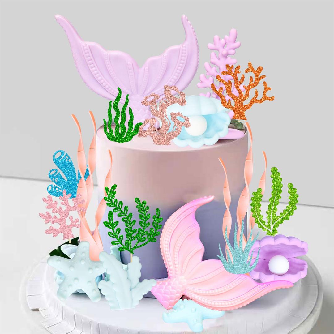 Gyufise 21Pcs Mermaid Cake Topper Big Mermaid Tails Seaweed Shells Seagrasses Cake Set for Ocean Under the Sea Cake Decor Birthday Party Supplies Pink