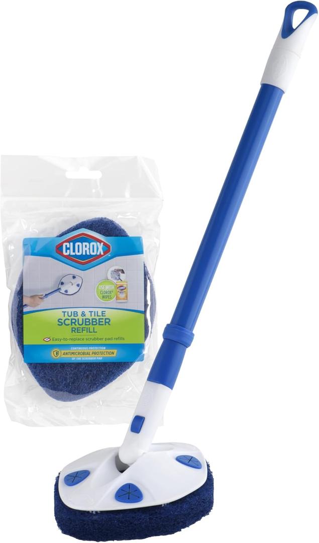 Clorox Extendable Tub & Tile Scrubber with Polyurethane Head Heavy Duty Bathroom Cleaning Brush with Bonus Refill, Pivoting Head, Replaceable Pad, Works with Clorox Wipes