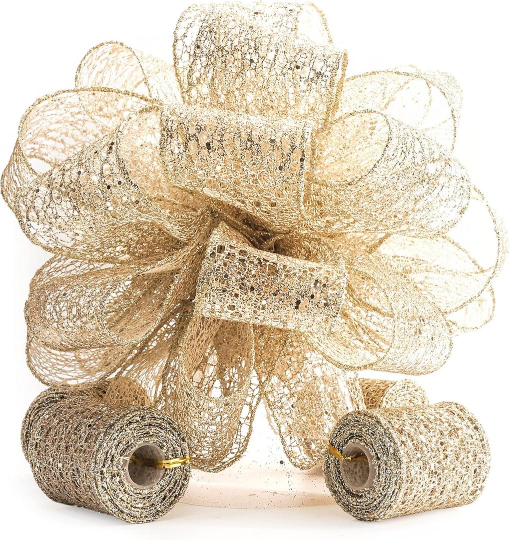 CT CRAFT LLC Champagne Gold Glitter Mesh Christmas Tree Topper Bow 11" with 4 Ribbon Streamers x 3 Yards Long Each for Holidy Elegant Fancy Home Dcor Indoor