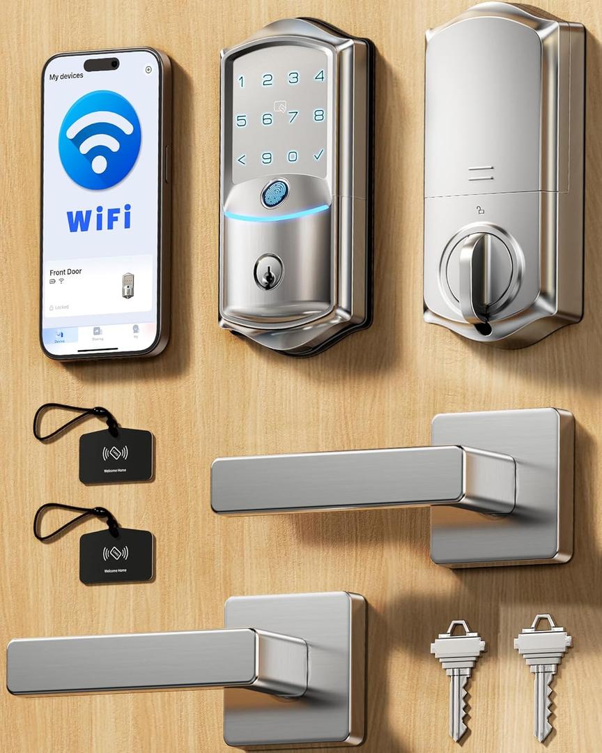Veise VE027-L Built-in WiFi Smart Lock with Handle, Fingerprint keyless Entry Door Lock Set, App Remote & Voice Control, Electronic Deadbolt for Front Door, Touchscreen Keypad, Auto Lock, Satin Nickel