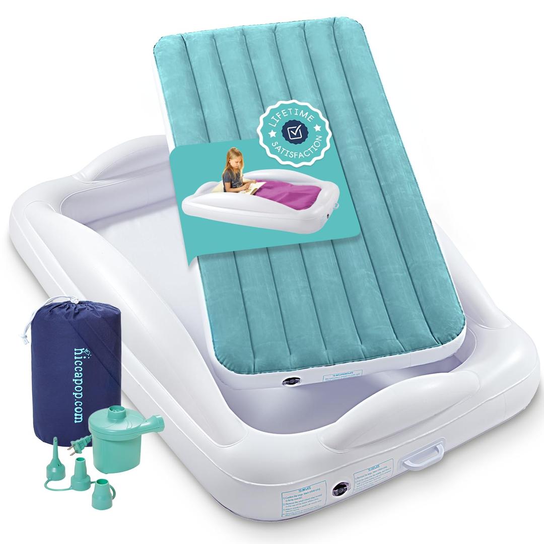 Hiccapop Inflatable Toddler Travel Bed with Safety Bumpers, Misty Blue