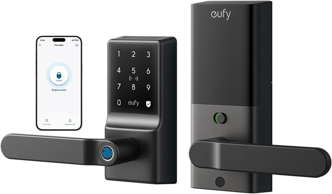 Eufy Security Smart Lock C33, Fingerprint Keyless Door Lock with Handle, Built-in Wi-Fi, APP Remote Control, Biometric Door Knob for Entry Door, Auto Lock, IP53 Waterproof