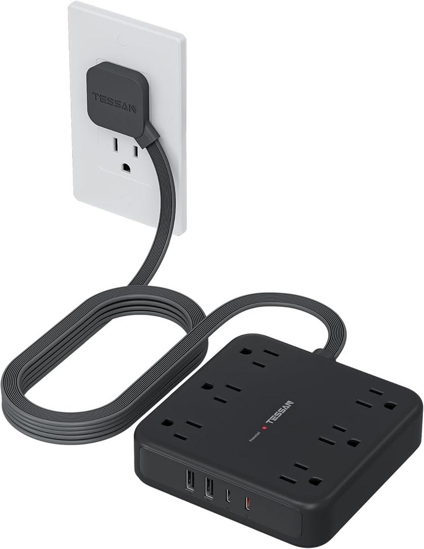 TESSAN 10Ft Black Extension Cord with Multiple Outlets, Surge Protector Power Strip with 6 Outlets and 4 USB Ports (2 USB C), 2100 Joules Protection, Flat Plug, Outlet Extender for Home, Office, Dorm