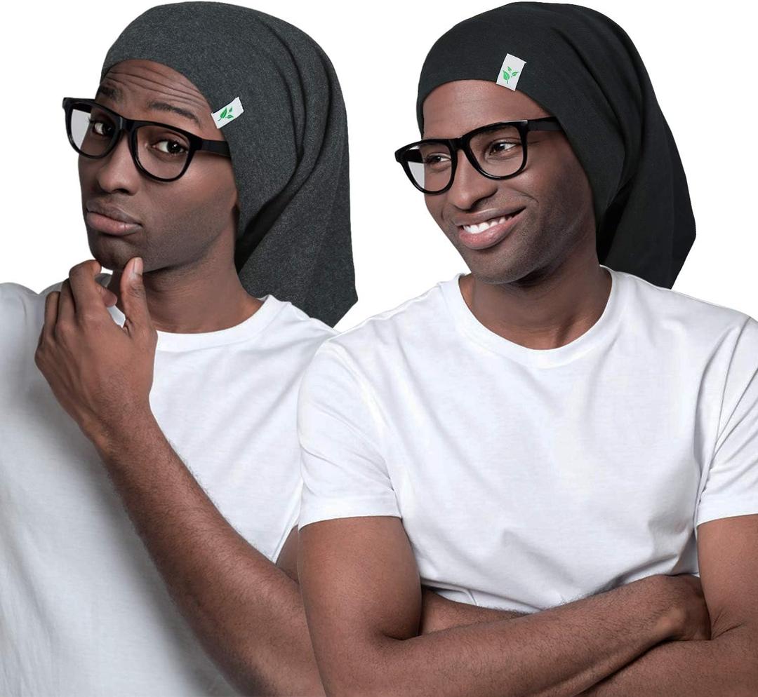 Sleep Cap-2Pcs Designed for Men with Natural Curly Wave Hair Satin Lined,Gifts for Boyfriend,Husband & Dad, (Medium, Dark Black With Health Grey)
