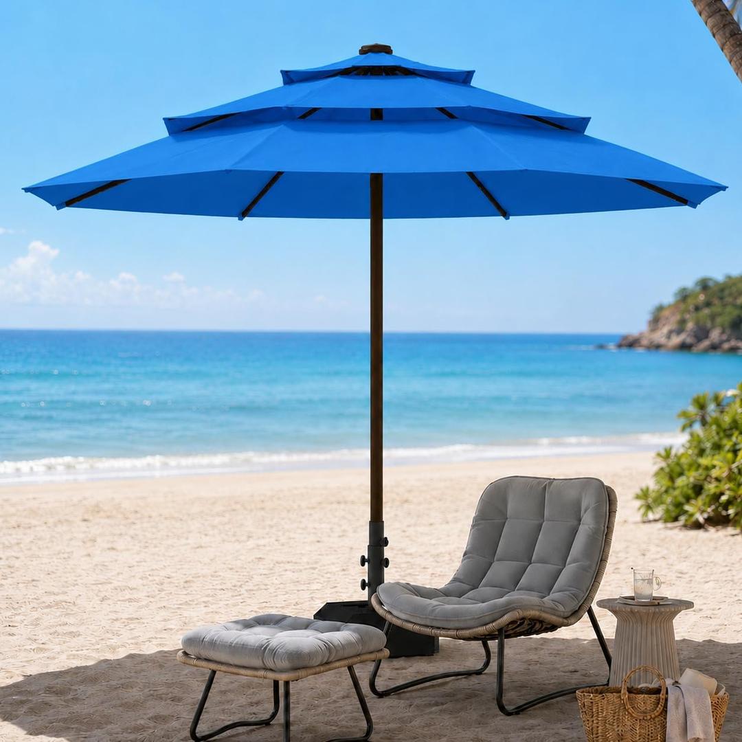 10ft Patio Umbrella, 3-Tier Vented Outdoor Table Umbrella with 8 Sturdy Fiberglass Ribs, Windproof Market Umbrella with Push Button Tilt and Crank, UV Protection for Deck, Pool, Royal Blue