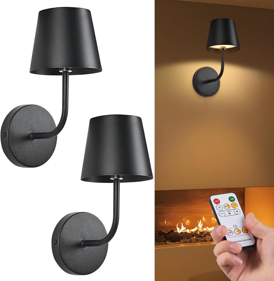 LED Wireless Wall Lamp Set of 2, with 5600mAh Rechargeable Battery Powered Wall Sconces, Touch for Remote Control Infinite Dimming Be Used for Bedroom Mirror Living Room Wall Painting (Black) (Black-2Pack)