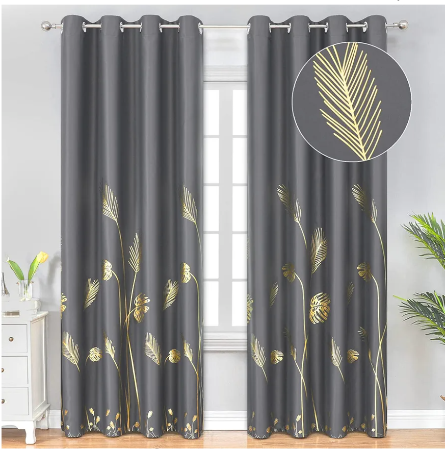 Estelar Textiler Dark Grey Blackout Curtains & Drapes 84 Inch Length 2 Panels Set for Living Room, Thermal Insulated Room Darkening Gold Palm Leaf Pattern Grommet Drapes for Bedroom, 52Wx84L,Dark Gray