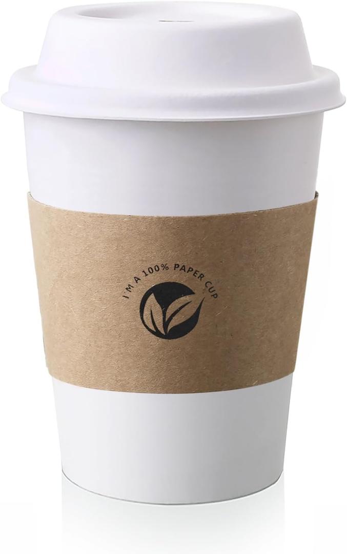 KTOB [50 pack] 12 oz Compostable Coffee Cups with Lids and Kraft Sleeves, Eco Friendly Disposable White Paper Cups Combo for Hot Beverage
