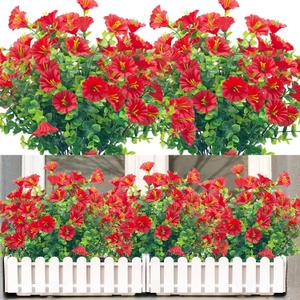 Artificial Flowers for Outdoors,8 Bundles UV Resistant Fake Flowers Outside Faux Plastic Flowers for Outdoor Garden,Porch,Patio Dcor(Red)