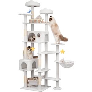 85in Cat Tree for Indoor Cats Large Adult, Tall Cat Tower with Scratching Post, Heavy Duty Cat Tree with Large Perches, Cozy Cat Condos & Hanging Hammocks, White