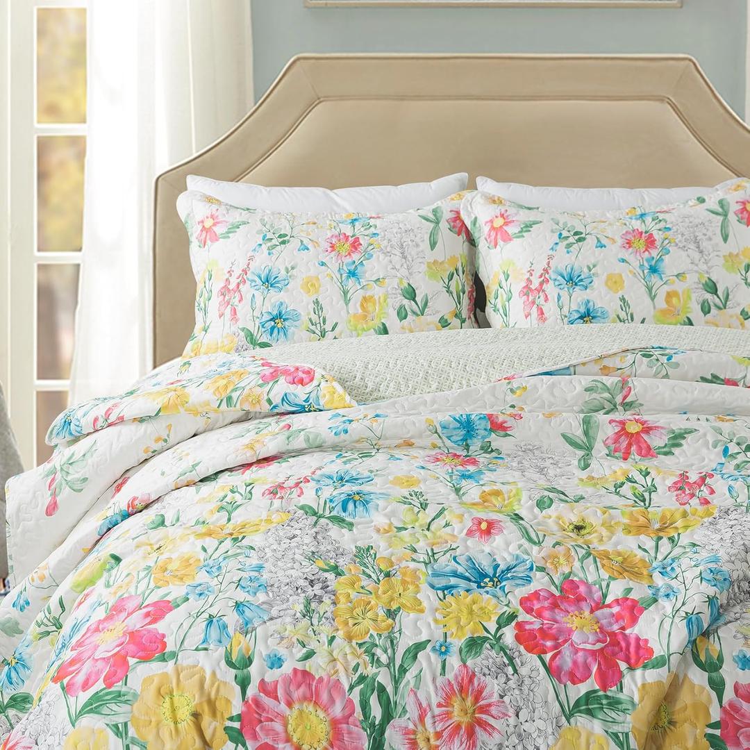 Travan Floral Quilt Queen Quilt Set, Ultra Soft Reversible Microfiber Queen Quilt Bedding Set with 1 Quilt Set and 2 Shams Yellow Flower Coverlet Set for All Season, Coreopsis-Yellow, King